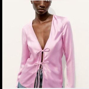 Zara Light Pink Satin Tie-Front Blouse